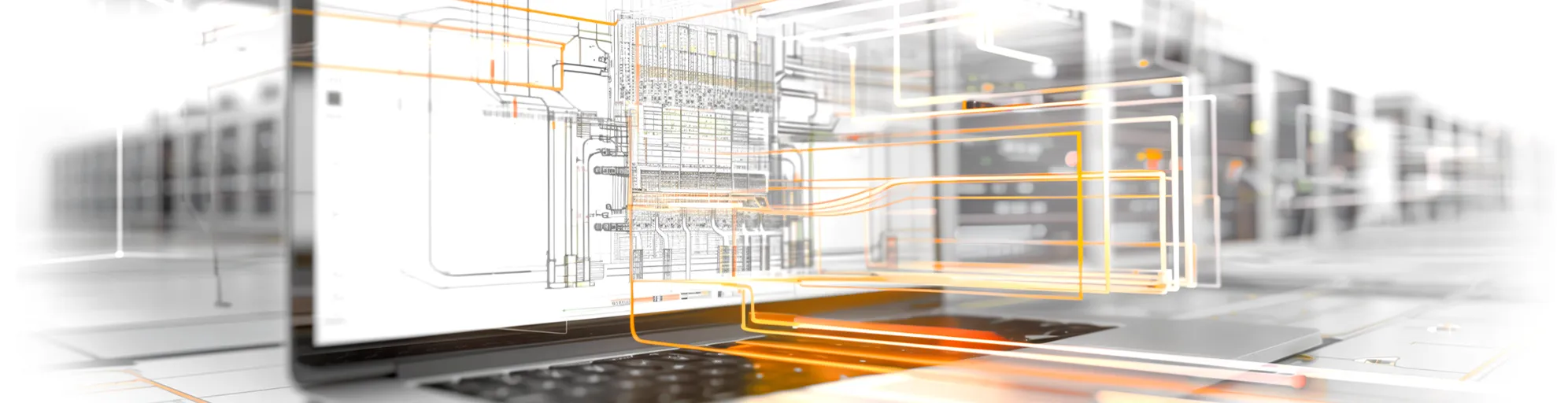 BIM Construction. Foto: Technische Zeichnung auf einem Laptop mit Leuchtstreifen, die dreidimensional aus dem Bildschirm heraustreten.