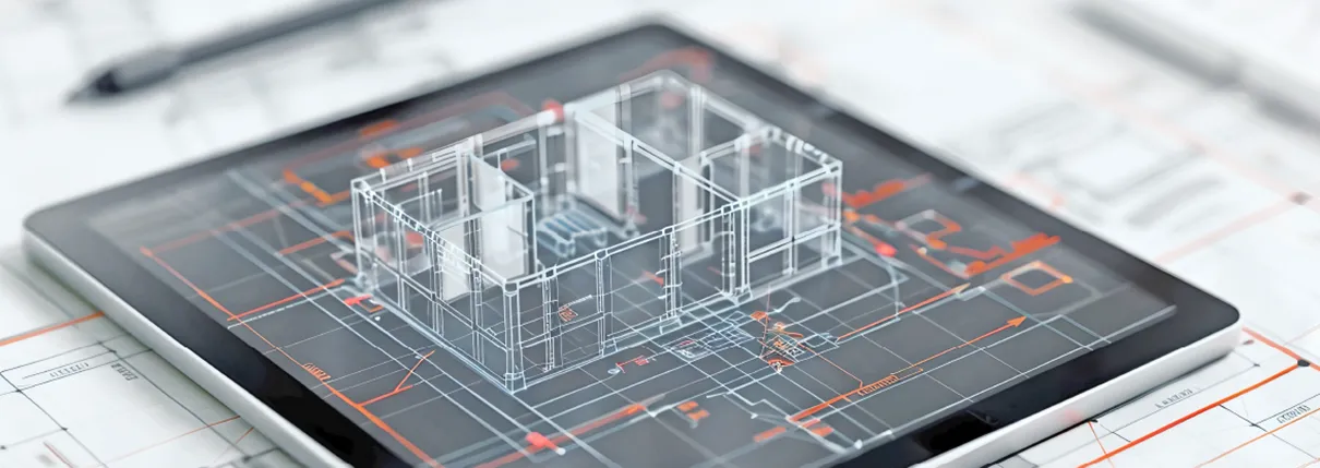 BIM Consulting – Tablett mit technischer Zeichnung. Transparente Wände in 3D wachsen aus der Bildschirmfläche empor.