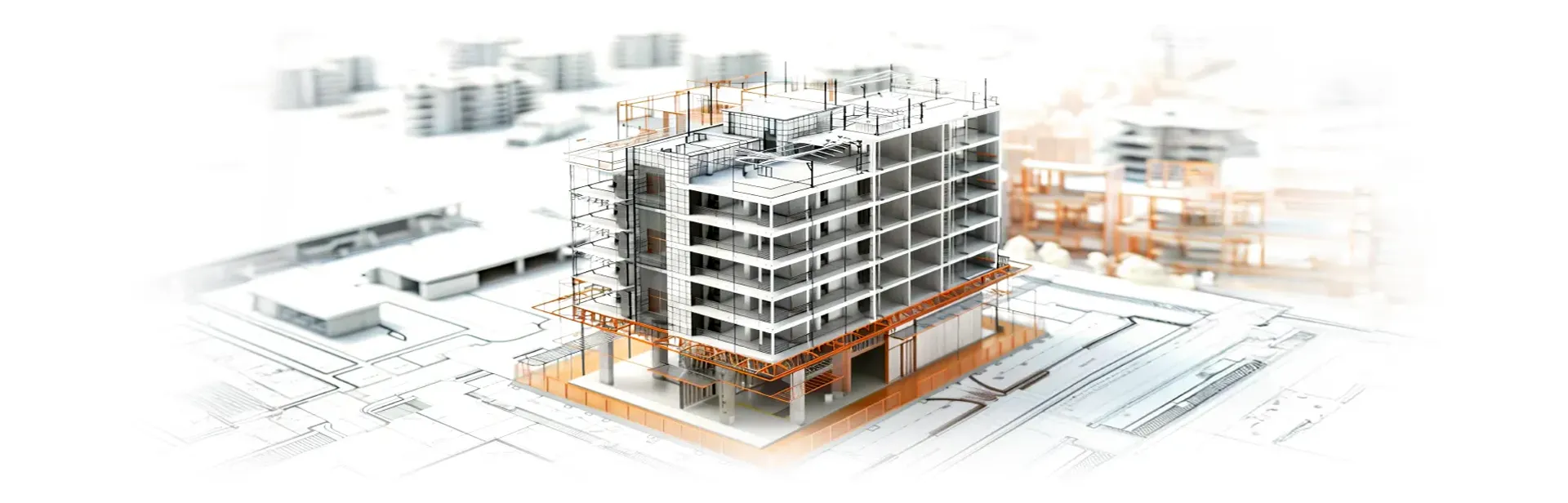EHCON Construction, Consulting, Planungsleistung – technisches Modell eines Industriegebäudes in schwarz-weiß und orange