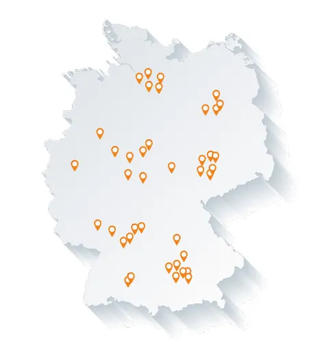 Deutschlandkarte mit orangefarbenden Markierungen der Standorte, an denen Projekte durchgeführt worden sind.