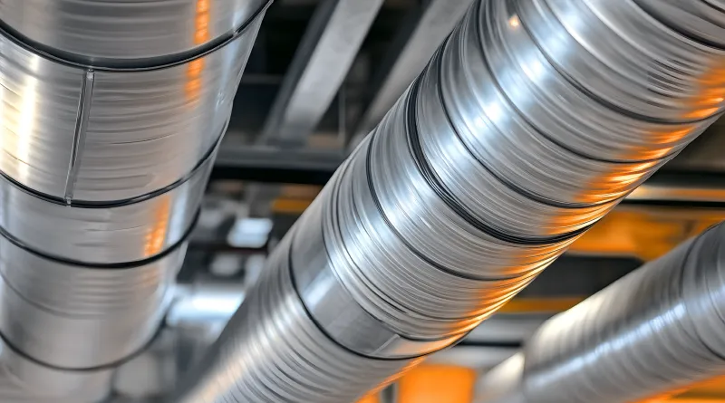 Planungsbereich Lüftungstechnik und Klimatechnik – große silberne Rohre an der Decke, oranges Licht spiegelt sich darin.