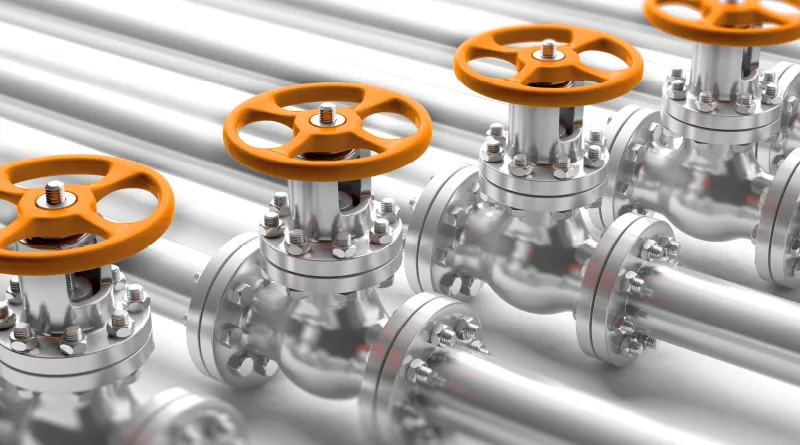 Planungsbereich Sanitärtechnik; silberne Wasserrohre mit orangefarbenden Drehventilen